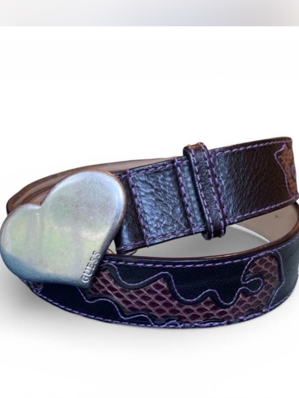 Guess Purple Leather Belt With Logo Heart Buckle Size Large Women’s Reptile Y2K